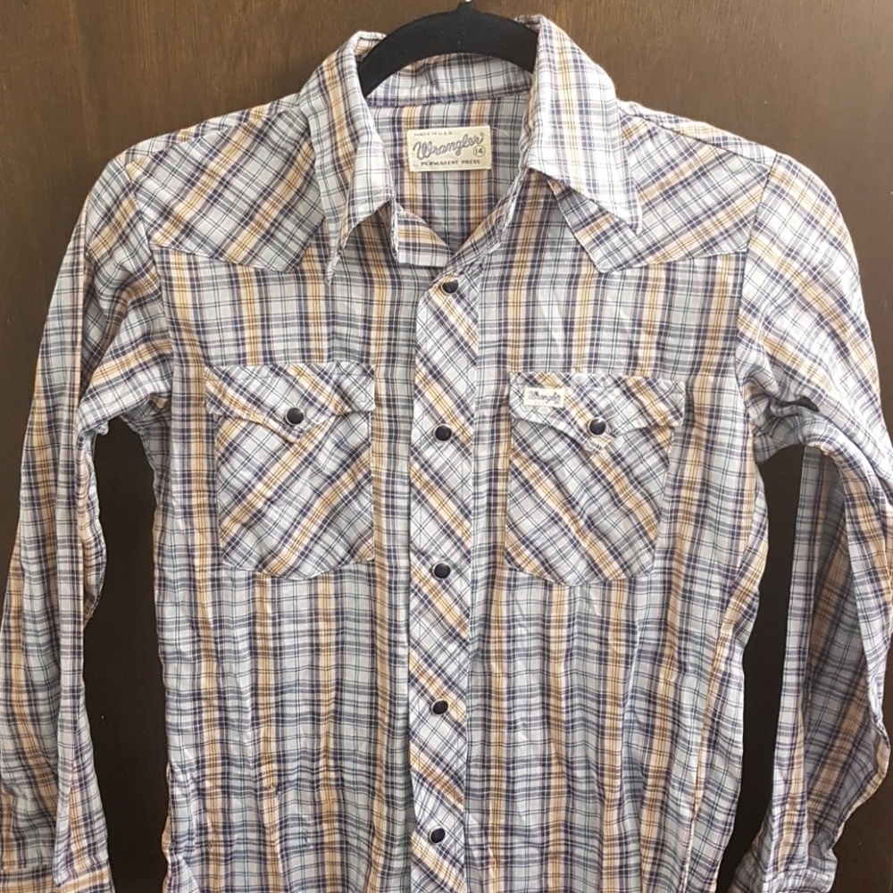 TWO Plaid vintage Wrangler western ranch shirts 14 & L
